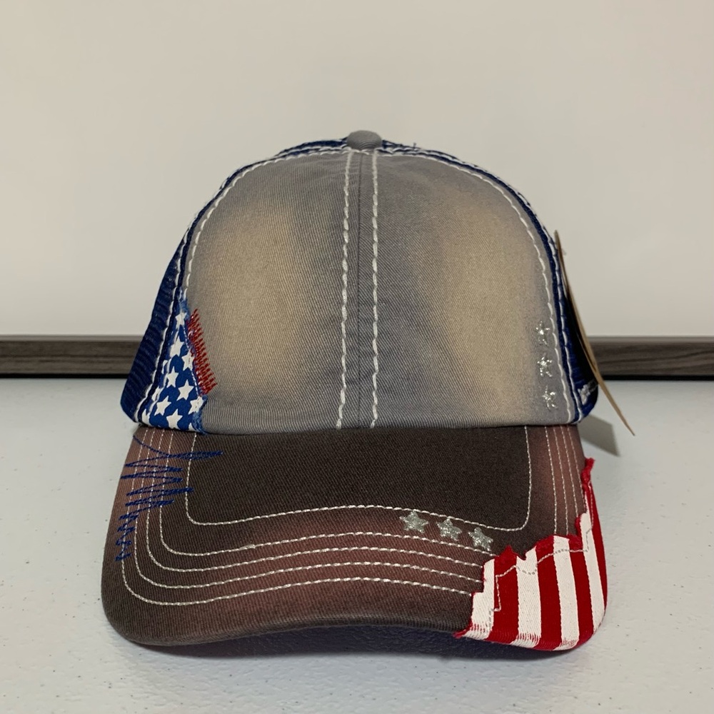 Catchfly Women's "Land of the Free" Distressed Ponytail Baseball Hat/Cap-OS NWT